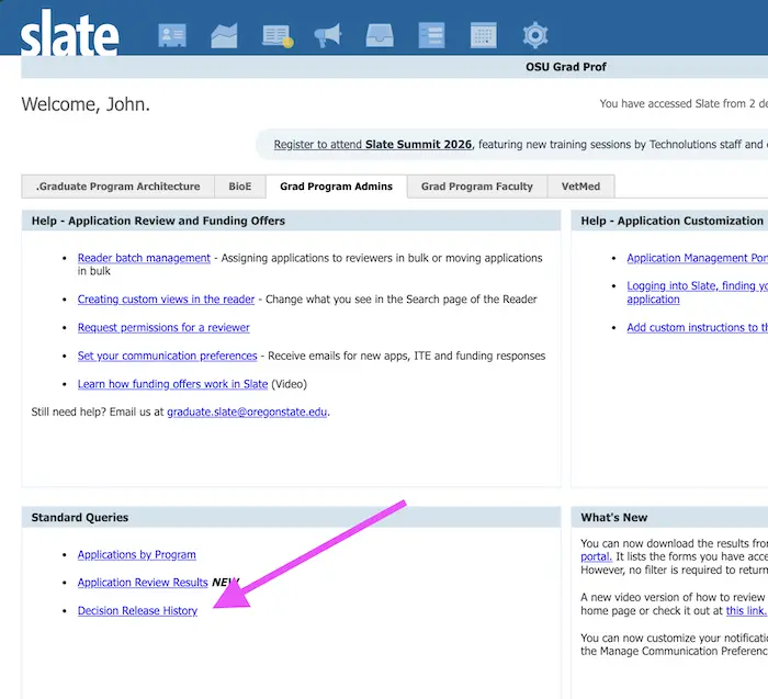 Screenshot showing the decision release history link