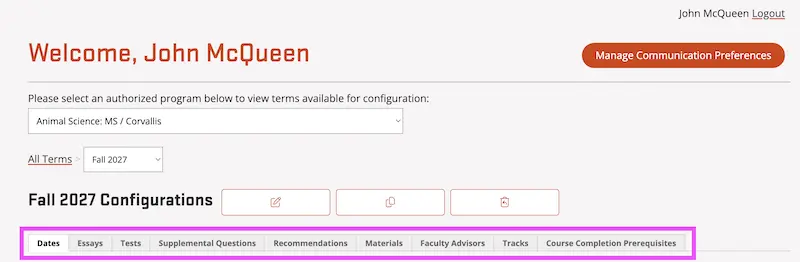 Showing the tabs in the app management portal