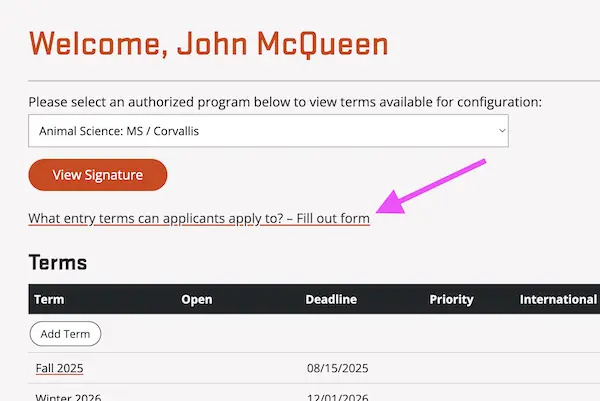 Showing the link to the form which is on the landing page of the applicaiton management portal.