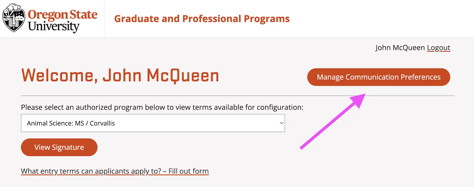 Shows where the button for the management communication preferences page resides